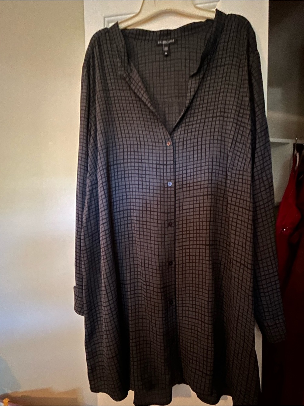 Eileen Fisher Charcoal Grid Long Button-Down Shirt